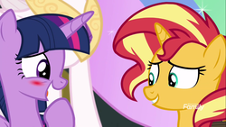 Size: 1366x768 | Tagged: safe, screencap, princess celestia, sunset shimmer, twilight sparkle, alicorn, equestria girls, equestria girls specials, g4, my little pony equestria girls: better together, my little pony equestria girls: forgotten friendship, blushing, discovery family logo, shipping fuel, twilight sparkle (alicorn)