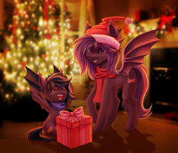 Size: 1400x1204 | Tagged: safe, artist:wingell, oc, oc only, oc:angel tears, oc:speck, bat pony, pony, bat pony oc, christmas, christmas tree, clothes, duo, family, female, fireplace, foal, happy, hat, holiday, mother and daughter, present, santa hat, scarf, smiling, tree, ych result