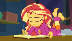 Size: 480x270 | Tagged: safe, edit, screencap, sunset shimmer, equestria girls, equestria girls series, forgotten friendship, g4, animated, barefoot, bed, bedroom, book, clothes, cutie mark on clothes, discovery family logo, feet, female, pajamas, writing