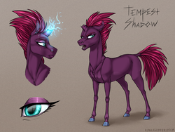 Size: 1000x750 | Tagged: safe, artist:dementra369, tempest shadow, pony, unicorn, g4, my little pony: the movie, broken horn, eye, eye scar, female, hoers, horn, mare, open mouth, scar, simple background, solo, sparking horn