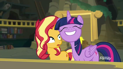 Size: 1280x720 | Tagged: safe, screencap, sunset shimmer, twilight sparkle, alicorn, pony, unicorn, equestria girls, equestria girls specials, g4, my little pony equestria girls: better together, my little pony equestria girls: forgotten friendship, discovery family logo, faic, twilight sparkle (alicorn)