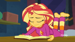 Size: 480x270 | Tagged: safe, screencap, sunset shimmer, equestria girls, equestria girls specials, g4, my little pony equestria girls: better together, my little pony equestria girls: forgotten friendship, animated, bed, book, discovery family logo, female