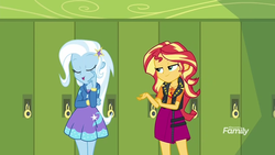 Size: 1280x720 | Tagged: safe, screencap, sunset shimmer, trixie, equestria girls, equestria girls specials, g4, my little pony equestria girls: better together, my little pony equestria girls: forgotten friendship, discovery family logo, legs together, lockers