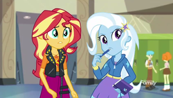 Size: 1280x720 | Tagged: safe, screencap, bright idea, scribble dee, sunset shimmer, trixie, equestria girls, equestria girls specials, g4, my little pony equestria girls: better together, my little pony equestria girls: forgotten friendship, discovery family logo, lockers