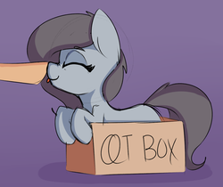 Size: 1164x976 | Tagged: safe, artist:lockheart, oc, oc only, oc:delpone, earth pony, pony, :p, boop, boop box, box, cardboard box, cute, eyes closed, female, hooves, leaning, mare, nose wrinkle, pony in a box, purple background, qt, silly, simple background, smiling, solo focus, tongue out