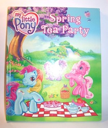 Size: 566x672 | Tagged: safe, photographer:kisscurl, pinkie pie (g3), rainbow dash (g3), wysteria, g3, spring tea party, basket, book, book cover, cover, cup, hot air balloon, irl, merchandise, photo, picnic basket, picnic blanket, teacup, teapot, tree