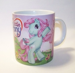 Size: 1311x1277 | Tagged: safe, photographer:kisscurl, minty, pinkie pie (g3), earth pony, pony, g3, bipedal, female, irl, mare, merchandise, mug, my little pony logo, photo, rearing
