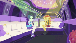 Size: 480x270 | Tagged: safe, screencap, rarity, sunset shimmer, driving miss shimmer, equestria girls, equestria girls series, g4, animated, blinking, bracelet, cute, dancing, dancity, driving miss shimmer: rarity, female, jewelry, lidded eyes, limousine, looking up, raribetes, sitting, smiling