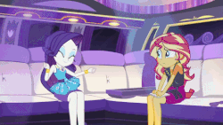 Size: 480x270 | Tagged: safe, screencap, rarity, sunset shimmer, driving miss shimmer, driving miss shimmer: rarity, equestria girls, g4, my little pony equestria girls: better together, animated, blinking, bracelet, confused, cute, dancing, dancity, eyes closed, female, frown, headbob, jewelry, limousine, raised eyebrow, raribetes, rarity peplum dress, sitting, smiling
