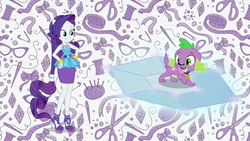 Size: 1920x1080 | Tagged: safe, screencap, rarity, spike, spike the regular dog, dog, equestria girls, g4, my little pony equestria girls: better together, clothes, cute, female, geode of shielding, high heels, intro, legs, magical geodes, male, paws, ponied up, shield, shoes, skirt, smiling, spikabetes, spike's dog collar, theme song