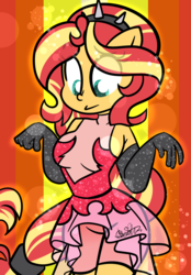 Size: 1024x1474 | Tagged: safe, artist:befishproductions, sunset shimmer, equestria girls, equestria girls series, forgotten friendship, g4, abstract background, adorasexy, awkward, breasts, clothes, colored pupils, compression shorts, cute, dress, evening gloves, female, frilly dress, gloves, headband, lens flare, long gloves, looking down, ponied up, see-through, sexy, signature, sleeveless, solo, sparkles, spiked headband, super ponied up, unsure