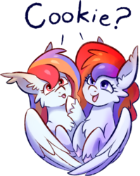 Size: 798x1001 | Tagged: safe, artist:chirpy-chi, oc, oc only, oc:sunrise stratus, oc:sunset stratus, chest fluff, cookie, cute, ear fluff, food, simple background, speech, stratus twins, transparent background, twins, unshorn fetlocks