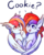 Size: 798x1001 | Tagged: safe, artist:chirpy-chi, oc, oc only, oc:sunrise stratus, oc:sunset stratus, chest fluff, cookie, cute, ear fluff, food, simple background, speech, stratus twins, transparent background, twins, unshorn fetlocks