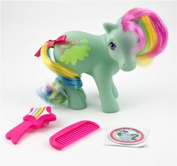 Size: 800x748 | Tagged: safe, sunlight (g1), earth pony, pony, g1, 35th anniversary, basic fun!, brush, comb, female, irl, mare, photo, solo, sticker, the bridge direct, toy