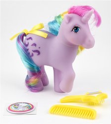 Size: 716x800 | Tagged: safe, windy (g1), pony, unicorn, g1, 35th anniversary, basic fun!, brush, comb, female, irl, mare, photo, solo, sticker, the bridge direct, toy