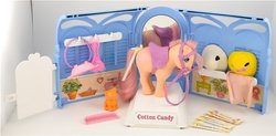 Size: 800x395 | Tagged: safe, peachy, twinkles, pony, g1, 35th anniversary, basic fun!, bridle, brush, comb, female, hat, irl, mare, photo, playset, pretty parlor, saddle, solo, sticker, tack, the bridge direct, toy, you know for kids