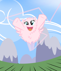 Size: 1888x2200 | Tagged: safe, artist:succubi samus, derpibooru exclusive, oc, oc only, oc:fluffle puff, pegasus, pony, cloud, commission, cute, fast, fluffy, flying, mountain, race swap, smiling, solo, speed lines