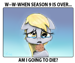 Size: 2000x1670 | Tagged: safe, artist:chopsticks, derpy hooves, pegasus, pony, g4, season 9, bronybait, crying, cute, derpabetes, dialogue, end of ponies, female, food, g5 drama, harsher in hindsight, in-universe pegasister, looking at you, mare, muffin, sad, sad in hindsight, sad pony, sadorable, series finale blues, simple background, solo, stuttering, text, weapons-grade cute