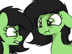 Size: 1600x1200 | Tagged: safe, artist:skitter, oc, oc only, oc:filly anon, earth pony, pony, angry, female, filly, looking at each other, scowl, scrunchy face, simple background, white background