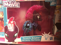Size: 1200x900 | Tagged: safe, tempest shadow, pony, unicorn, g4, my little pony: the movie, official, armor, broken horn, brushable, electronic toy, eye scar, female, horn, irl, mare, photo, raised hoof, scar, solo, toy