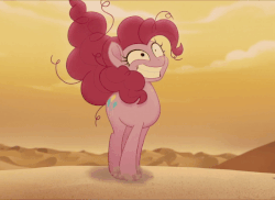 Size: 800x582 | Tagged: safe, edit, edited screencap, screencap, pinkie pie, earth pony, pony, g4, my little pony: the movie, animated, big grin, desert, dust, female, grin, messy mane, smiling, solo, sweat, twitch