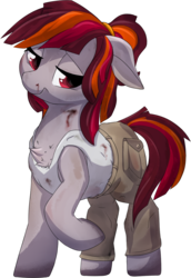 Size: 842x1222 | Tagged: safe, artist:lux, oc, oc only, oc:dune rider, pony, blood, cargo pants, chest fluff, clothes, dirty, floppy ears, nosebleed, pants, ponytail, sad, simple background, solo, tank top, transparent background