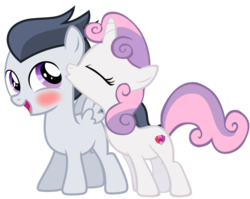 Size: 1282x1020 | Tagged: safe, artist:chainchomp2 edits, artist:jawsandgumballfan24, edit, rumble, sweetie belle, pegasus, pony, unicorn, g4, blushing, female, kissing, male, ship:rumbelle, shipping, simple background, straight, transparent background