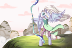 Size: 3150x2100 | Tagged: safe, artist:mailner, gem (race), gem pony, pegasus, pony, amethyst, bipedal, bow (weapon), crossover, female, fusion, gem, gem fusion, high res, mare, mountain, multiple legs, multiple limbs, opal (steven universe), pearl, ponified, quartz, scene interpretation, serious, serious face, solo, steven universe, weapon