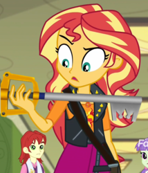 Size: 856x1000 | Tagged: safe, edit, edited screencap, screencap, nolan north, starlight, sunset shimmer, equestria girls, equestria girls specials, g4, my little pony equestria girls: better together, my little pony equestria girls: forgotten friendship, background human, cropped, discovery family logo, disney, hand, keyblade, kingdom hearts, kingdom key, meme, solo focus, sunset holding things