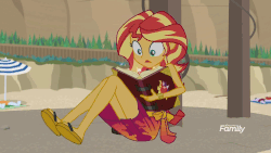 Size: 1200x675 | Tagged: safe, screencap, sunset shimmer, equestria girls, equestria girls specials, g4, my little pony equestria girls: better together, my little pony equestria girls: forgotten friendship, animated, beach, book, clothes, feet, female, flip-flops, gif, kicking, legs, loop, magic book, open mouth, out of context, sandals, sarong, solo, summer sunset, swimsuit