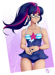 Size: 1900x2600 | Tagged: safe, artist:ponut_joe, sci-twi, twilight sparkle, equestria girls, equestria girls series, forgotten friendship, g4, adorasexy, attached skirt, blue swimsuit, bow swimsuit, clothes, cute, cutie mark swimsuit, female, frilled swimsuit, glasses, human coloration, one-piece swimsuit, ponytail, sexy, skirt, solo, swimsuit, thigh gap, tricolor swimsuit, twiabetes, watch, wristwatch