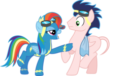 Size: 8799x5318 | Tagged: safe, artist:fruft, edit, editor:slayerbvc, vector edit, rainbow dash, soarin', pegasus, pony, g4, newbie dash, absurd resolution, bald, bedroom eyes, clothed female nude male, clothes, duo, female, furless, furless edit, goggles, male, mare, nude edit, nudity, plucked, rainbow fash, shaved, shaved tail, simple background, squishy chest, stallion, towel, transparent background, uniform, vector, wonderbolts uniform