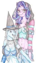 Size: 940x1654 | Tagged: safe, artist:thegloriesbigj, starlight glimmer, trixie, unicorn, anthro, g4, anatomically incorrect, breasts, clothes, duo, punk, smiling, smirk, traditional art