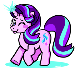 Size: 2090x1872 | Tagged: dead source, safe, artist:raystarkitty, starlight glimmer, pony, unicorn, g4, female, glowing horn, horn, kidcore, one eye closed, solo, tongue out