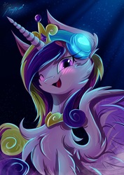 Size: 2435x3444 | Tagged: safe, artist:alexbluebird, princess cadance, alicorn, pony, g4, crown, female, fluffy, headphones, high res, jewelry, looking at you, mare, one eye closed, regalia, solo, wink