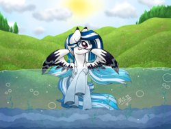 Size: 1024x768 | Tagged: safe, artist:melonseed11, oc, oc only, oc:marie pixel, pegasus, pony, colored wings, female, mare, multicolored wings, solo, water