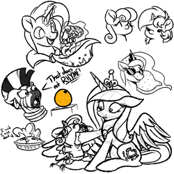 Size: 1024x1024 | Tagged: safe, artist:witchtaunter, pinkie pie, princess cadance, princess flurry heart, princess luna, trixie, zecora, alicorn, earth pony, pony, unicorn, zebra, g4, baby, clothes, crown, dialogue, diaper, drool, faic, female, foal, food, hat, jewelry, magic, magic trick, mare, micro, orange, panic, pie, pillow, regalia, self ponidox, sunglasses, telekinesis, transformation, trixie's hat