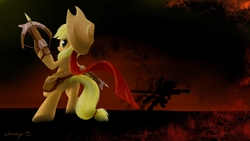 Size: 1680x945 | Tagged: safe, artist:jeremywithlove, applejack, earth pony, pony, g4, cape, clothes, crossbow, demon hunter, diablo (series), diablo iii, female, mare, pouch, solo