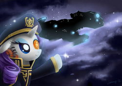 Size: 1748x1240 | Tagged: safe, artist:jeremywithlove, rarity, pony, unicorn, g4, battlecruiser, clothes, female, hat, heterochromia, mare, officer's hat, pointing, solo, starcraft 2, uniform