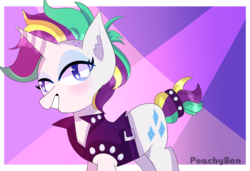 Size: 1466x1000 | Tagged: safe, artist:fluffyflamingoo, rarity, pony, g4, alternate hairstyle, clothes, female, jacket, leather jacket, looking at you, mare, punk, raripunk, solo