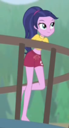 Size: 381x699 | Tagged: safe, screencap, baewatch, equestria girls, equestria girls specials, g4, my little pony equestria girls: better together, my little pony equestria girls: forgotten friendship, background human, barefoot, belly button, cropped, feet, female, solo, tomboy