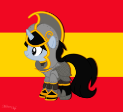 Size: 1464x1336 | Tagged: safe, artist:merienvip, oc, oc only, oc:guido, pony, unicorn, armor, base used, flag, helmet, male, morrión, solo, spain, stallion