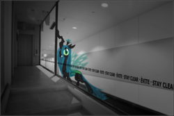 Size: 1400x933 | Tagged: safe, alternate version, artist:dantheman, artist:weegeestareatyou, edit, vector edit, queen chrysalis, fanfic:chrysalis visits the hague, g4, blurry background, corridor, court, depth of field, english, evil smile, fanfic, fanfic art, fimfiction, fimfiction.net link, french, glass, grin, implied twilight sparkle, jail, laughing, looking at you, perspective, photoshop, prison, prisoner, smiling, text, trial, vector, window