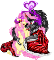 Size: 1920x2145 | Tagged: safe, artist:dimidiummorsumbra, fluttershy, king sombra, pony, g4, clothes, corrupted, download at source, female, male, ship:sombrashy, shipping, simple background, straight, tickling, transparent background