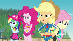 Size: 1920x1080 | Tagged: safe, screencap, applejack, fluttershy, pinkie pie, rainbow dash, equestria girls, equestria girls specials, g4, my little pony equestria girls: better together, my little pony equestria girls: forgotten friendship, applejack's hat, beach, clothes, cowboy hat, crossed arms, discovery family logo, female, geode of sugar bombs, geode of super speed, geode of super strength, hat, magical geodes, swimsuit, wetsuit