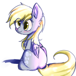 Size: 1000x1000 | Tagged: safe, artist:heddopen, derpy hooves, pegasus, pony, g4, blushing, bubble butt, chest fluff, ear fluff, female, looking back, mare, rear view, sitting, smiling, solo