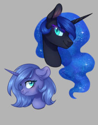Size: 1024x1301 | Tagged: safe, artist:sannykat, nightmare moon, princess luna, pony, g4, bust, female, gray background, looking at you, looking back, mare, s1 luna, simple background, smiling