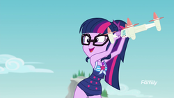 Size: 1920x1080 | Tagged: safe, screencap, sci-twi, twilight sparkle, equestria girls, equestria girls specials, g4, my little pony equestria girls: better together, my little pony equestria girls: forgotten friendship, clothes, drone, female, geode of telekinesis, glasses, magical geodes, one-piece swimsuit, ponytail, rock horse, sci-twi swimsuit, selfie drone, solo, swimsuit