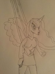 Size: 774x1032 | Tagged: safe, artist:crb145, princess luna, alicorn, anthro, g4, breasts, clothes, cutie mark underwear, female, monochrome, panties, pencil drawing, prank, simple background, skirt, solo, surprised face, to the moon, traditional art, underwear, wedgie, white background