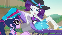 Size: 1280x720 | Tagged: safe, screencap, rarity, sci-twi, twilight sparkle, equestria girls, equestria girls specials, g4, my little pony equestria girls: better together, my little pony equestria girls: forgotten friendship, animation error, beach chair, chair, clothes, duo, duo female, feet, female, geode of shielding, glasses, hat, magical geodes, one-piece swimsuit, ponytail, rarity's blue sarong, rarity's purple bikini, sandals, sarong, sci-twi swimsuit, sun hat, swimsuit, tanning mirror